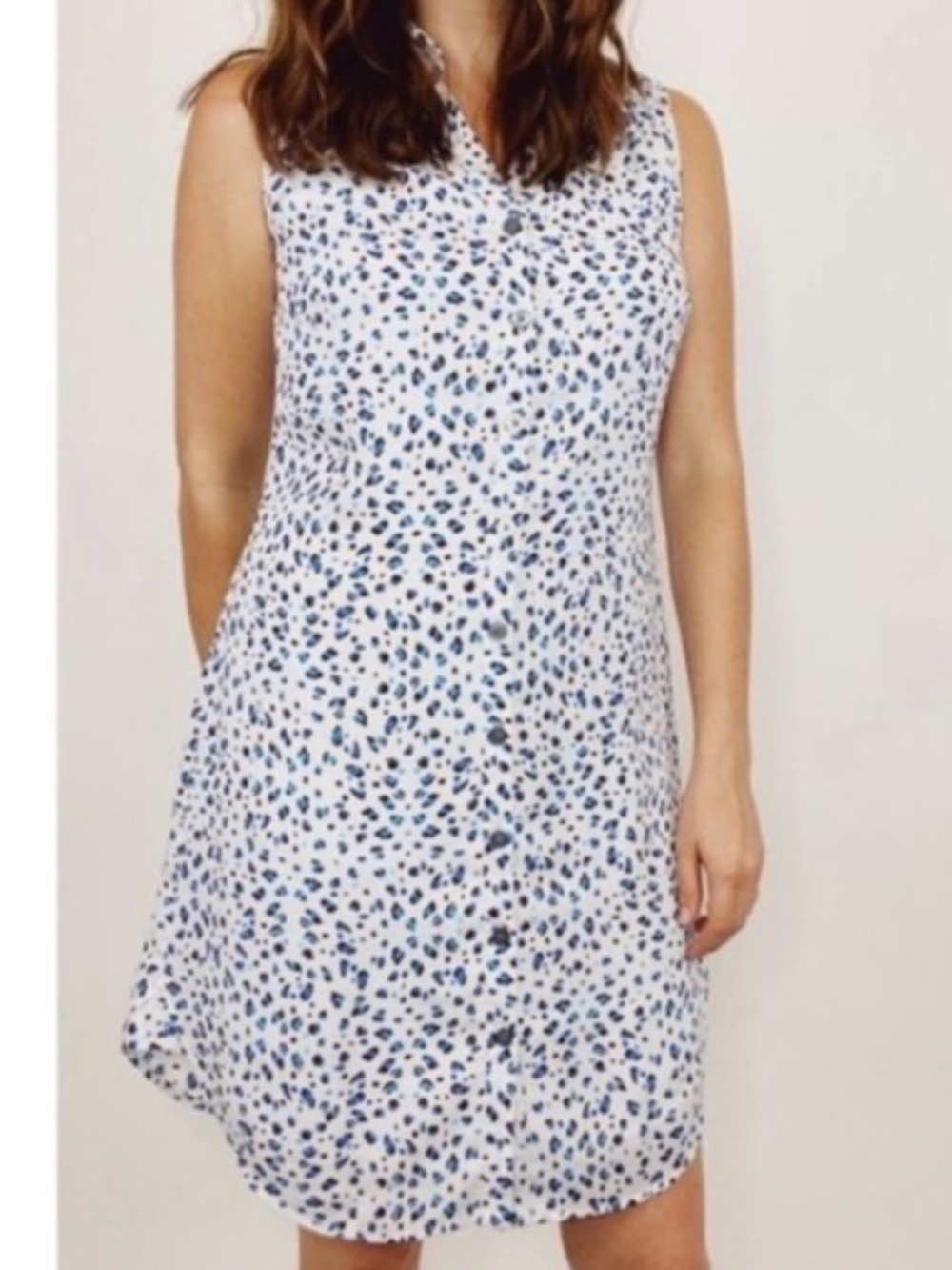 CAbi Sleeveless White Dress with Blue Spot Print
